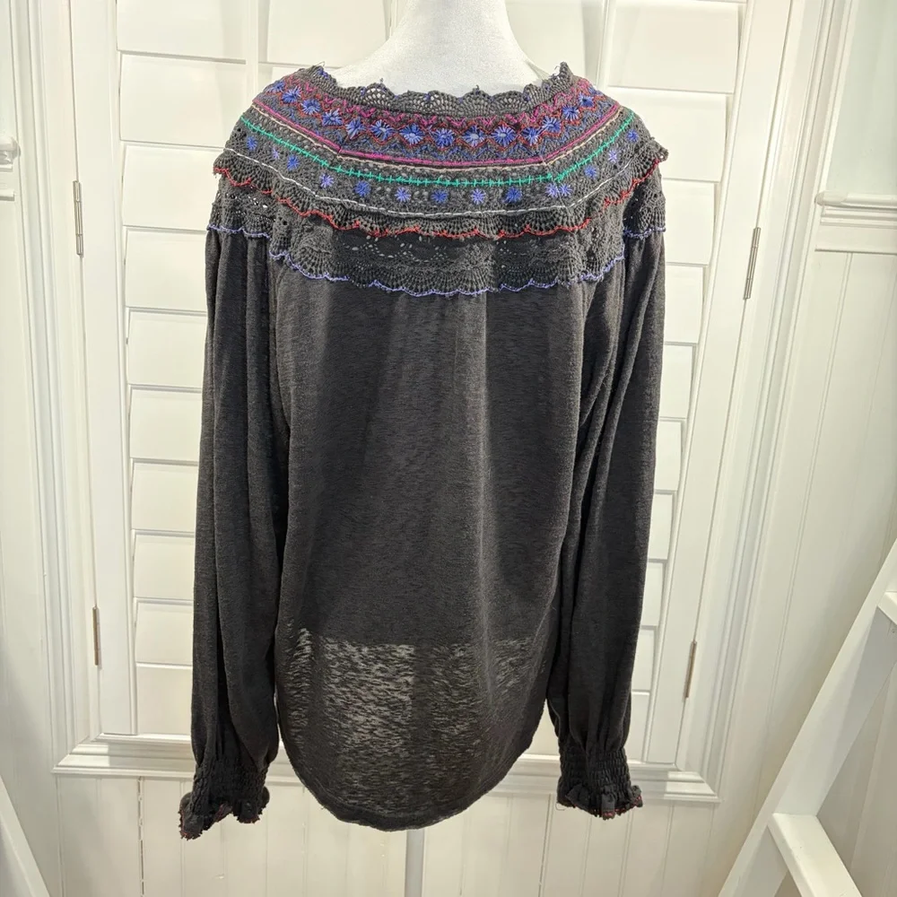 Free People Siesta Fiesta Colorful Embroidered Long Sleeve Shirt (M)